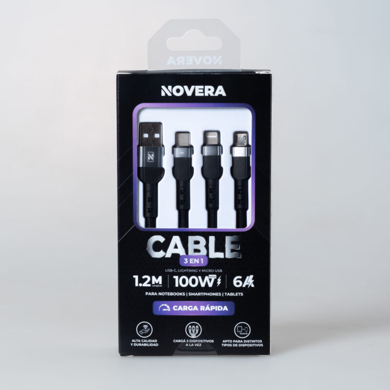 CABLE 3 EN 1 USB TIPO C LIGHTNING MICRO USB 100W CARGA RÁPIDA 1.2M TRENZADO