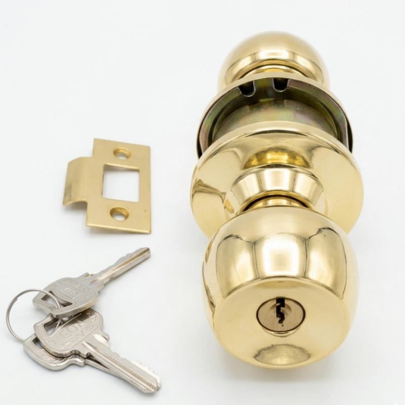 Cerradura Pomo con Llave Color Bronce/Dorado para Puertas Interiores y Exteriores